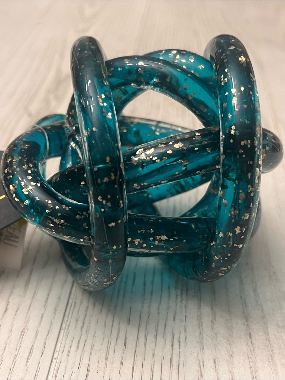 Teal Glass Knot Sculpture with Gold Flakes - Home Art